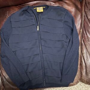 Tory Burch women’s navy merino wool and chiffon zip up sweater euc size small